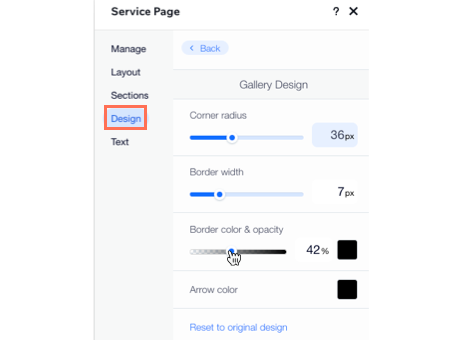 Screenshot showing how to edit the design on your service page.