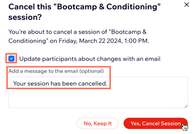 Screenshot showing how to cancel a single class or course session and adding a cancellation email on your dashboard..