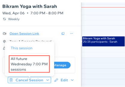 Uma captura de tela mostrando onde cancelar futuras sessões de aula no seu painel de controle Wix.