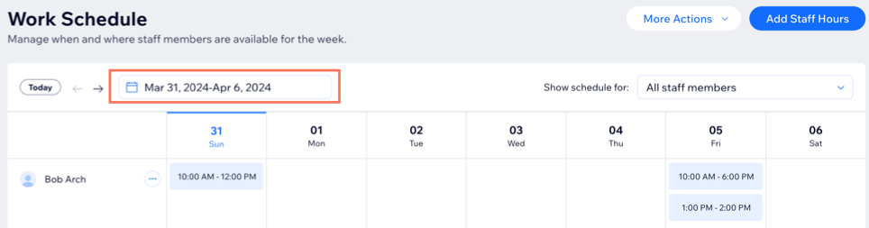 A screenshot showing how to choose the week you want to view and manage in the work schedule.