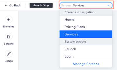 A screenshot showing the drop-down to select a screen that you want to add to element on your dashboard.