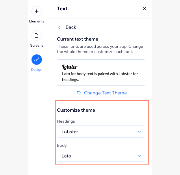 A screenshot showing where to customize your text theme.