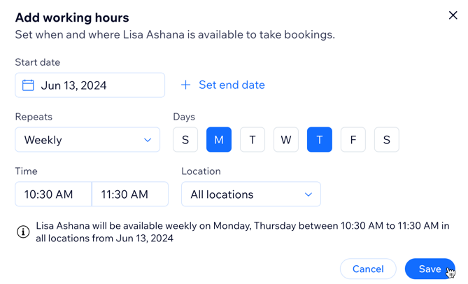 A screenshot showing how to add work hours for your staff members on your desktop.