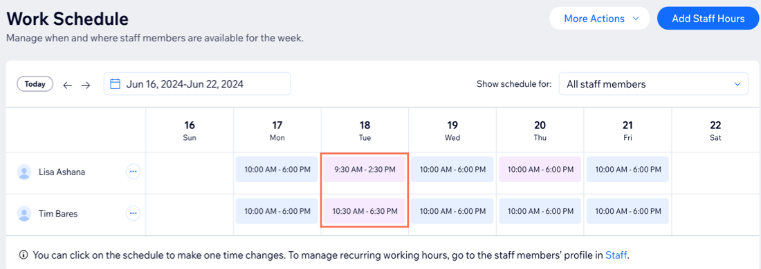 Capture d'écran mettant en évidence les modifications apportées aux horaires de travail des membres de votre équipe sur votre ordinateur.