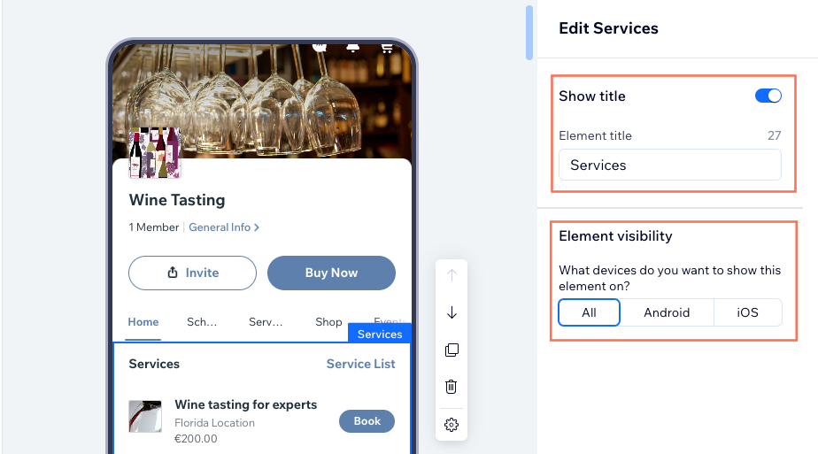 A screenshot of the Bookings Service element, showing all the areas that can be edited on a desktop.