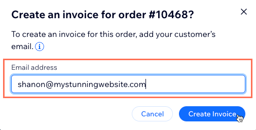 The pop up asking for a customers email to create an invoice.