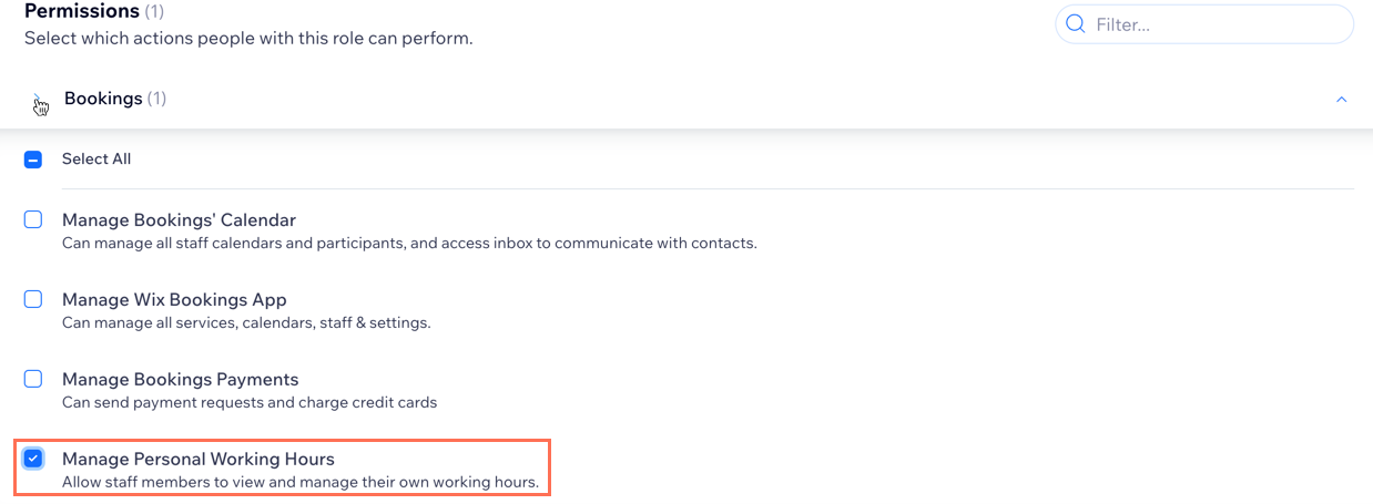 A screenshot showing where to select manage personal working hours in booking permissions.