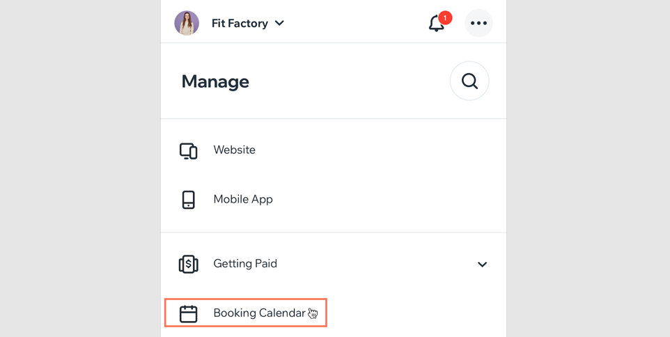 A screenshot showing how to access the Booking Calendar from the Manage menu on the wix owner app.