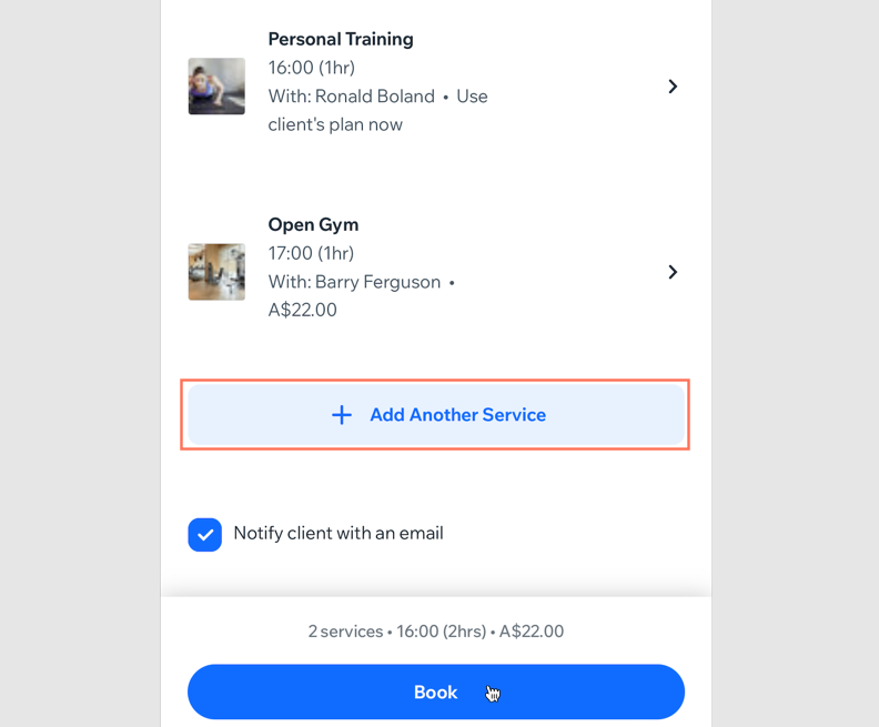 A screenshot showing how to add more services to a multiservice appointment and then book the services.