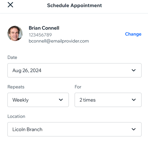 Screenshot showing how to create a recurring appointment on the Wix Owner app.