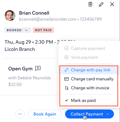 A screenshot showing where you click collect payment for a client's appointment and all the options to charge them.