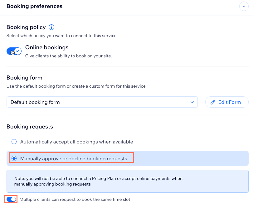 Uma captura de tela mostrando o fluxo para exigir que os agendamentos online sejam aprovados manualmente.