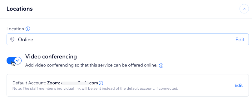 A screenshot showing the video conferencing toggle enabled in the service creation form.