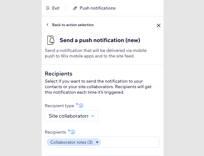 A screenshot of which recipient type to Send a push notification (new) to.