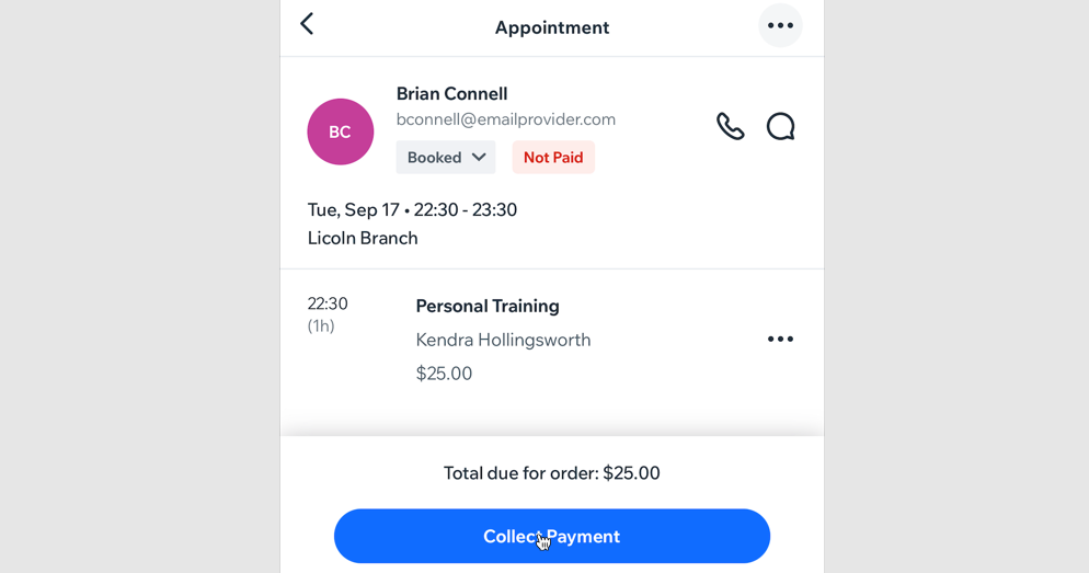 A screenshot showing where you tap collect payment for an appointment.