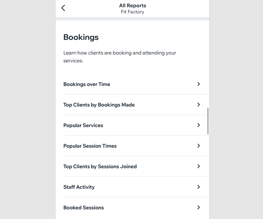 A screenshot of all the options for Booking analytics.