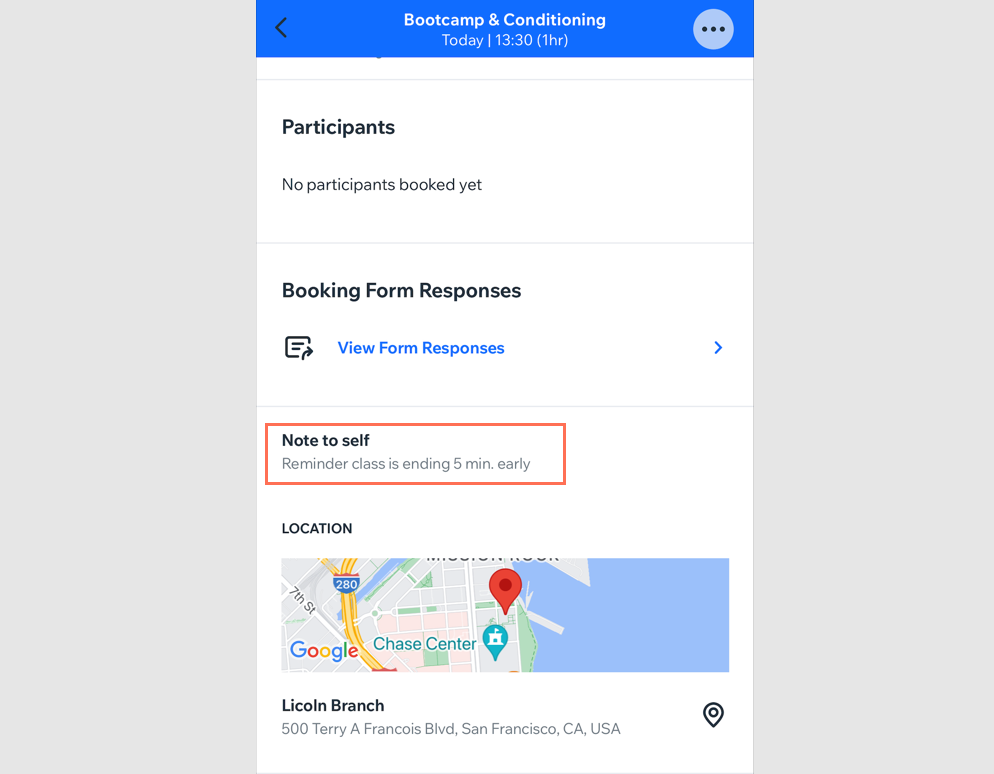 Screenshot van een notitie voor jezelf op een sessiepagina van een les in de Wix-app.