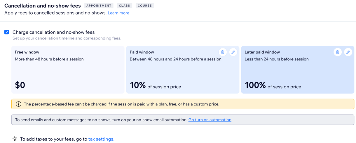 A screenshot showing how to add an additional paid window to your cancellation fee in Booking Policies.