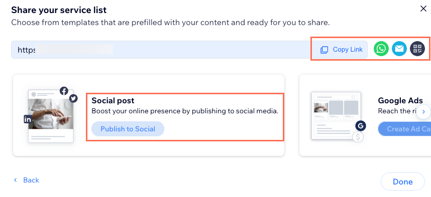 A screenshot showing a shareable link to a service list and the social media options available.