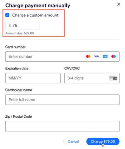 A screenshot showing how to charge a client a custom amount for a course from the participant list.