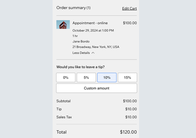 A screenshot showing how customers tip when checking out.