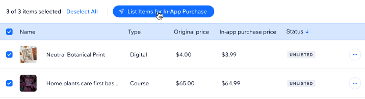 A screenshot showing where to click List items for in-app purchase.