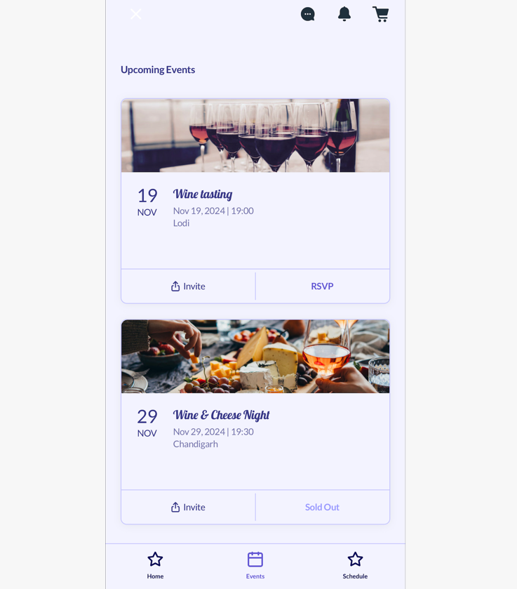 A screenshot of upcoming events list on your app.