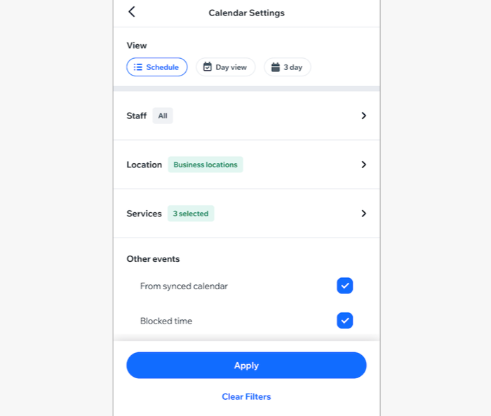 A screenshot of filters and calendar view before tapping apply.