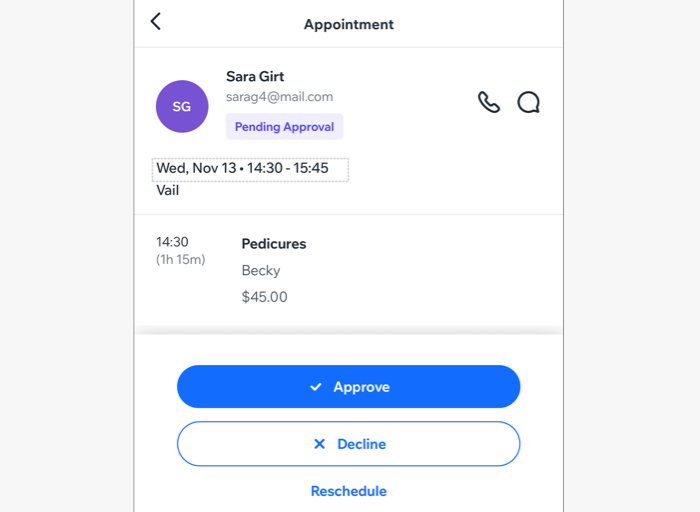 A screenshot showing where to approve, decline, or reschedule a pending appointment.