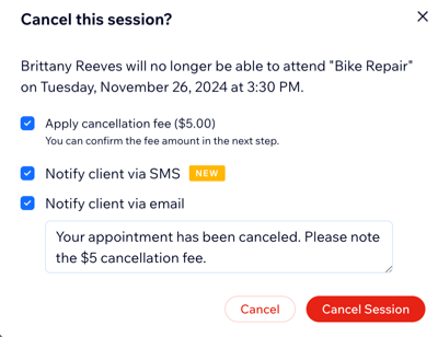 A screenshot showing the option to apply a fee when cancelling an appointment for a client.