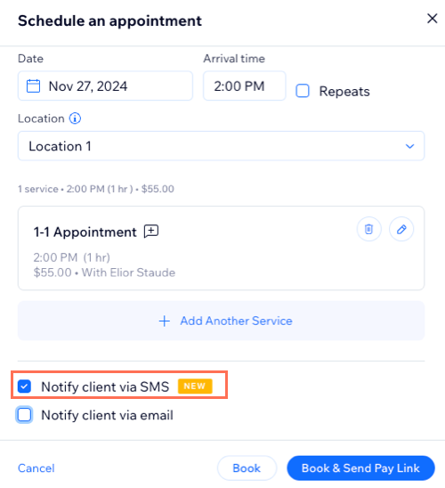 A screenshot showing booking an appointment and selecting the option to send an SMS notification to your client.