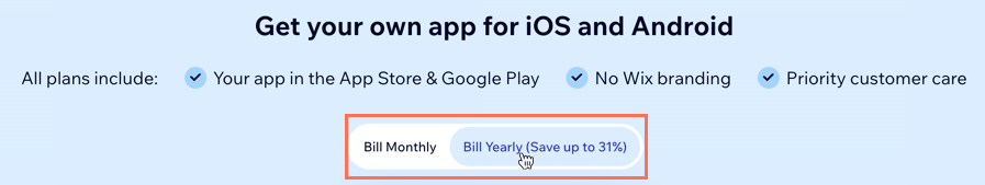 A screenshot showing where to click for billing either monthly or yearly.