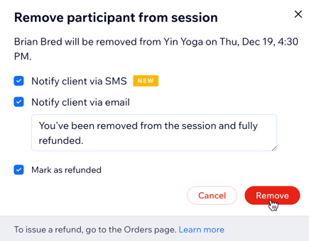 A screenshot of the refund and notify clients screen where you remove a participant from a class session.