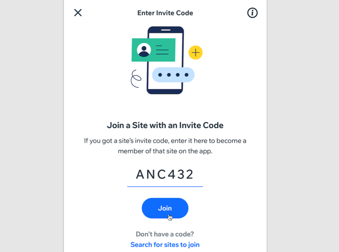 A screenshot showing what the screen looks like when you enter a code and join a site.