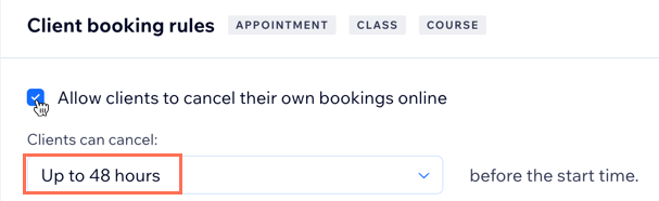 A screenshot showing how to set the cancellation window for your services.