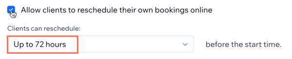 A screenshot showing how to allow clients to reschedule their sessions within a certain timeframe.