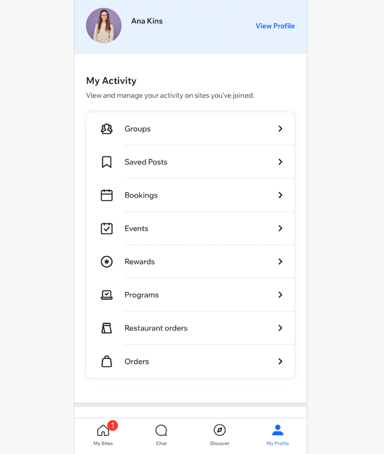 A screenshot of My activity options.