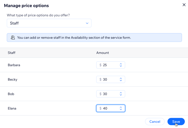 A screenshot of varied pricing for staff.