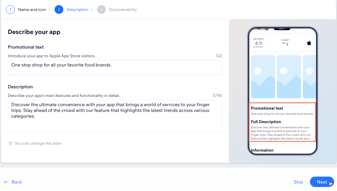 A screenshot showing where to add promotional text and description of your app