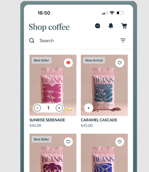 A screenshot of your product gallery with wishlist and add to card features.