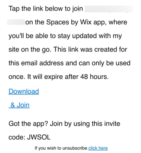 Uma captura de tela de um link de convite para se tornar um membro no app Spaces by Wix.