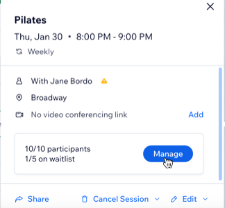A screenshot where you click manage on your booking calendar to get to the waitlist option.