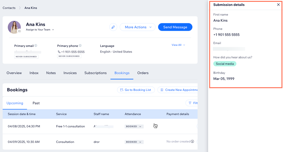 A screenshot of booking form from contact page.