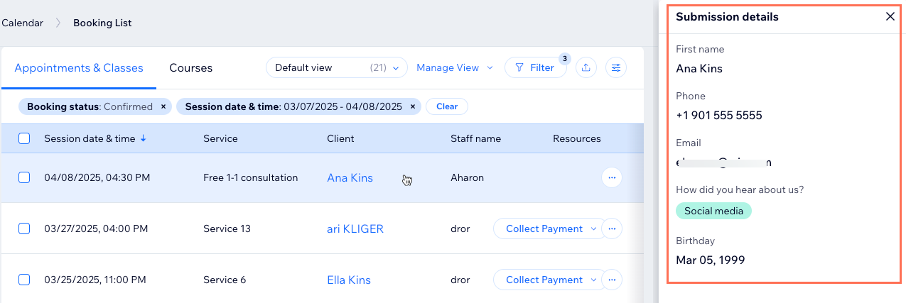 A screenshot of form responses in the booking list