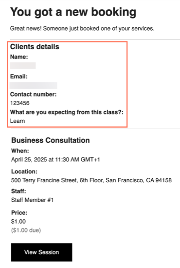A screenshot of the email containing information your client filled out in the booking form,
