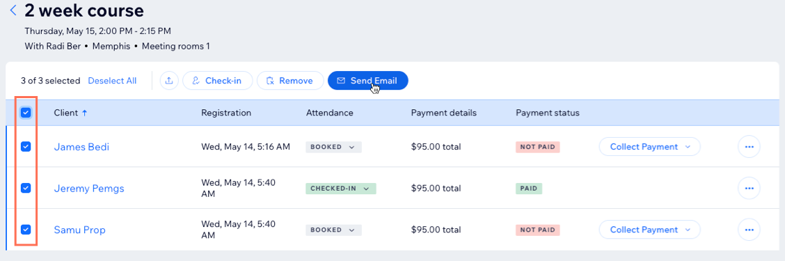 A screenshot showing how to email clients from the participants list for a course.