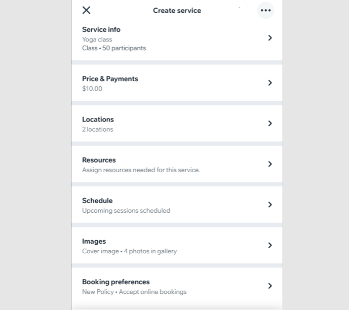 Wix アプリにサービスの詳細が表示されている様子を示したスクリーンショット。