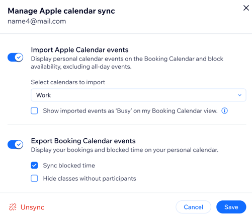Pop-up to select which Apple calendars to import to Booking calendar.