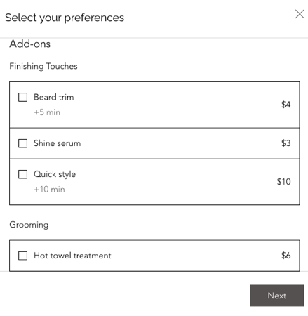 A screenshot of what customers see when booking an appointment with add-ons.