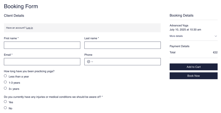 A screenshot showing an example of a booking form.